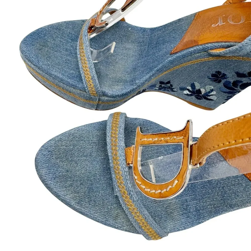 Christian Dior Galliano Denim Floral Embroidered CD Wedge Sandals Size 37